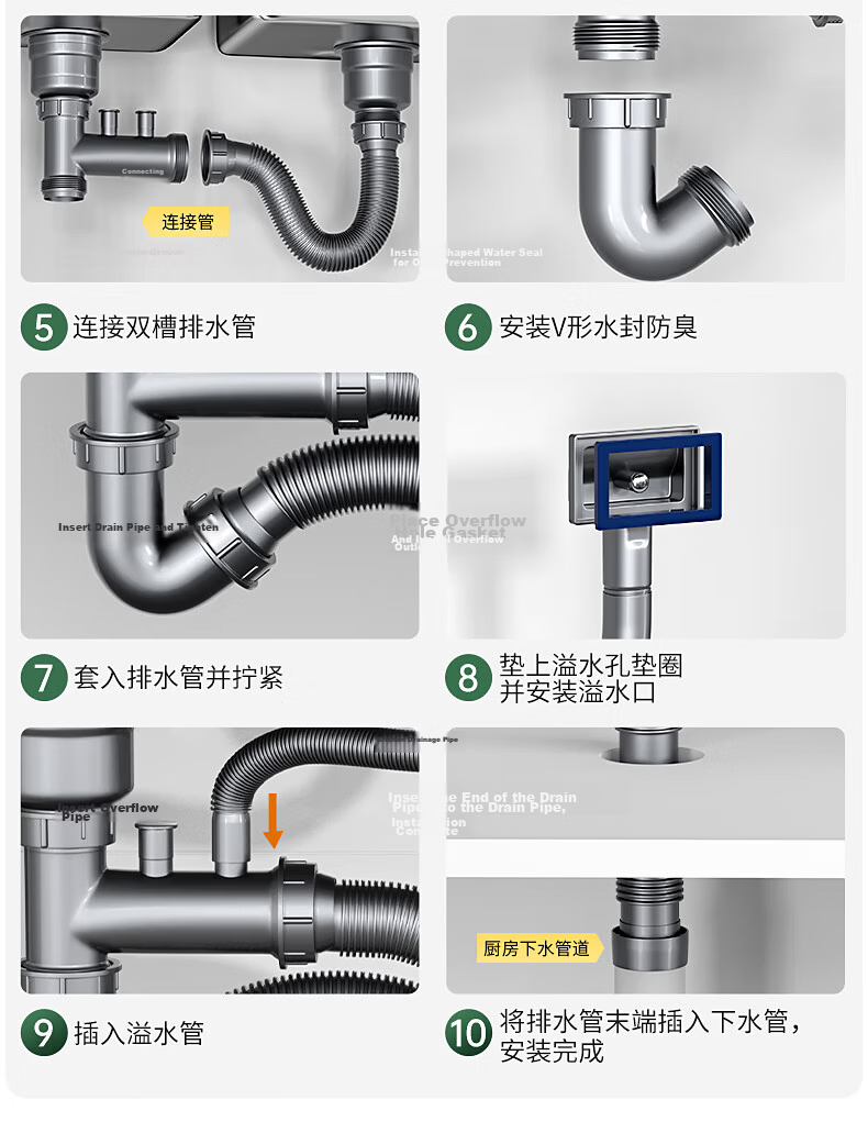 Muvi Kitchen Sink Drain Pipe Set, Double Sink Drainage System, Plumbing Accessories, Complete Drainage Pipe Kit for Vegetable Washing Basi 19