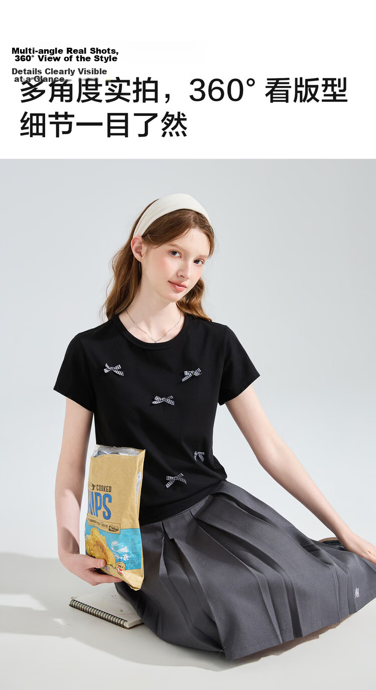 TonLion 2026 Summer New Short Sleeve T-Shirt for Women Black Bow Design Casual Early Spring Youthful Style 10
