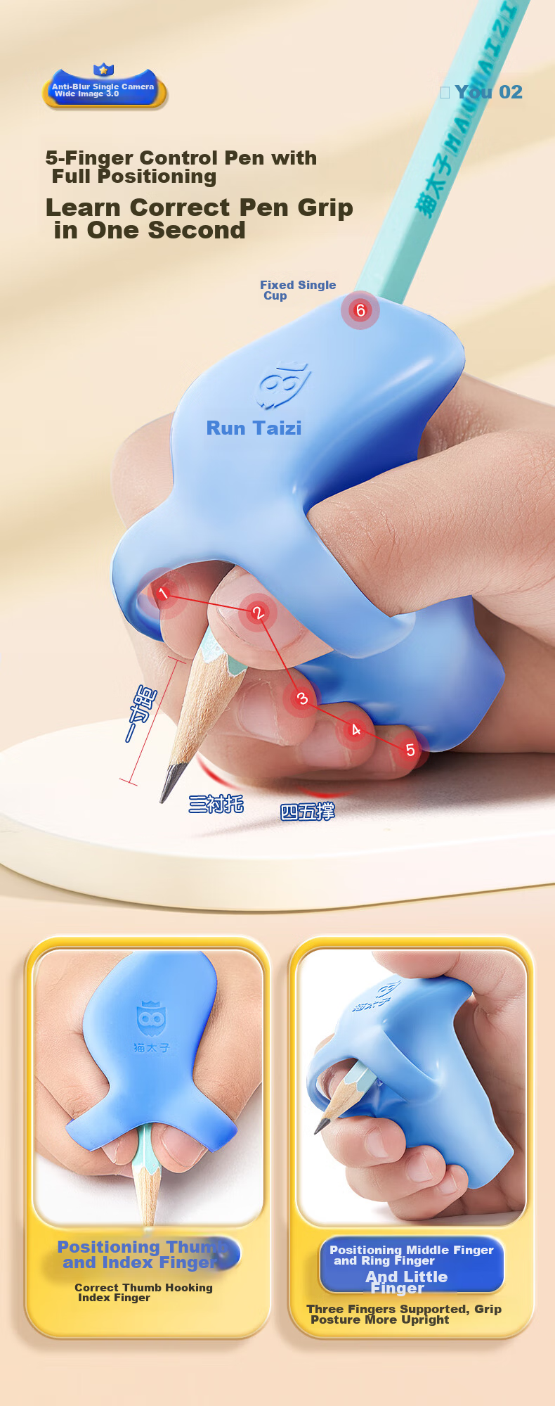 Maotaizi Elementary School Student Anti-Fist Posture Corrector, Pen Grip Corrector for Kindergarten Beginners, Wrist Fixator for Writing, Pen Holder, Children's Corrector, Blue 4