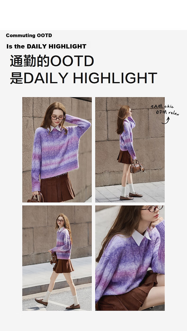 TonLion 2025 Autumn Winter Women's Crew Neck Gradient Yarn Cable Knit Sweater 5
