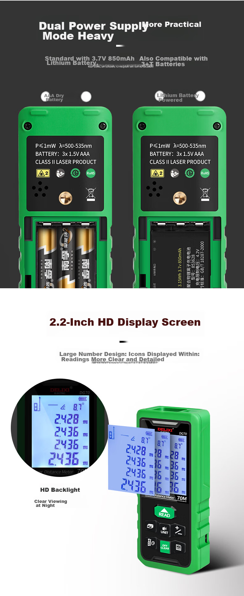 DELIXI ELECTRIC Laser Distance Meter High-Precision Infrared Room Measuring Device for Home Use Electronic Ruler DB Series Dual Horizontal Bubbles 100 Meters 12