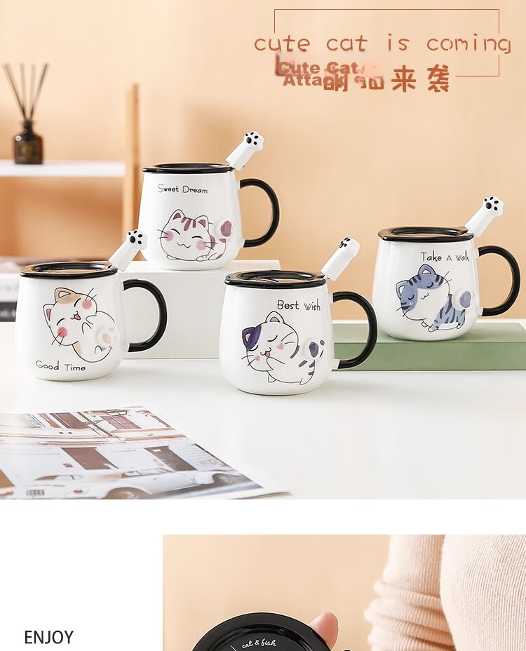 PINYU Mug, Coffee Cup, Ceramic Cup, Aesthetically Pleasing Water Cup, Mid-Autumn Festival Gift with Lid And Spoon, Brewing Cup, Pink Cat Desig 7
