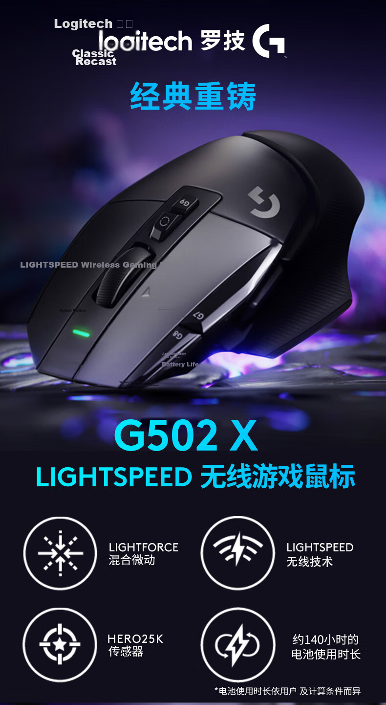 G G502 X LIGHTSPEED Wireless Gaming Mouse - Black, Mixed Micro Switch HERO Engine, Classic Bestseller, Essential for VALORANT Triangular Delta And Unyielding Contracts 1
