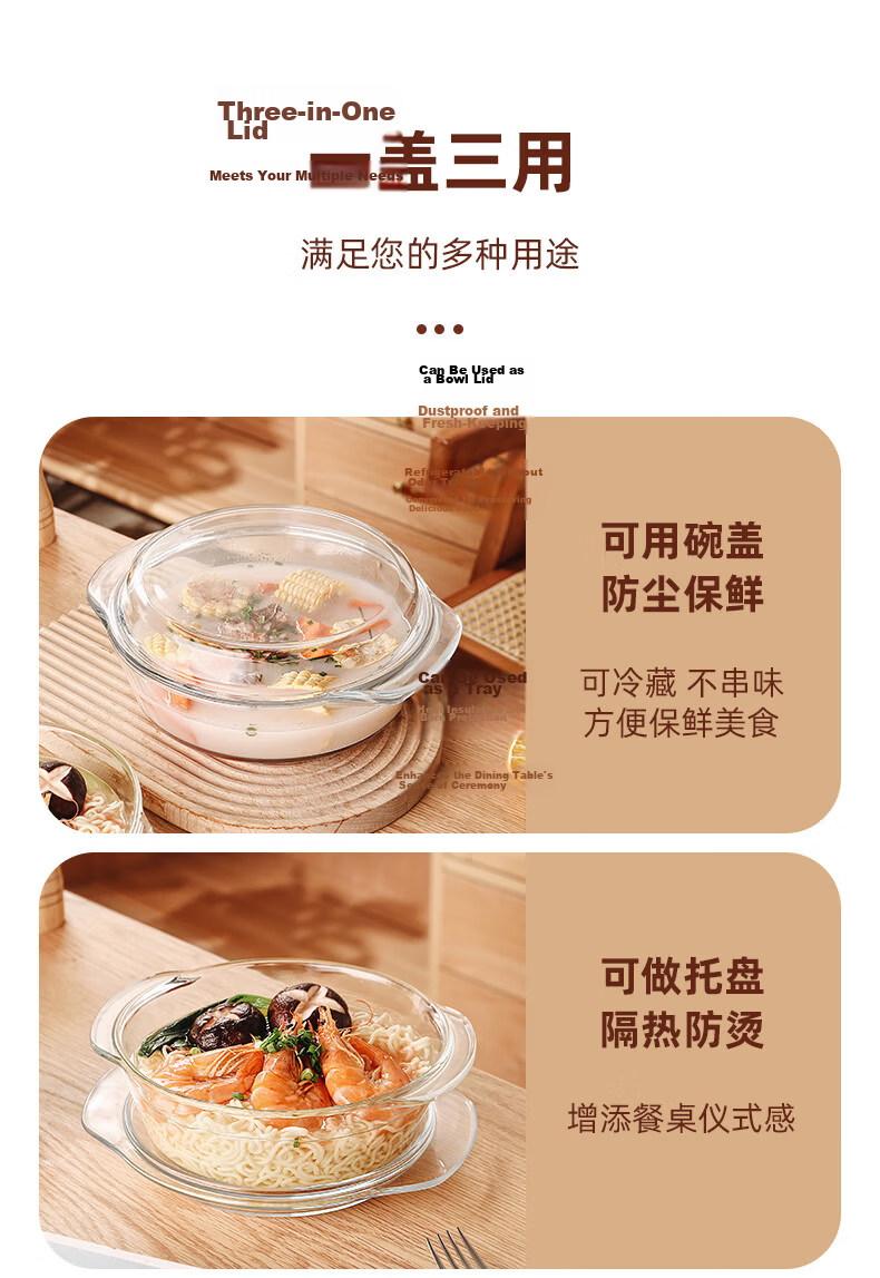 Genas Double-Handle Transparent Heat-Resistant Glass Bowl Large with Lid Microwave Safe Soup Noodle Salad Bowl Tableware 1.5L 9