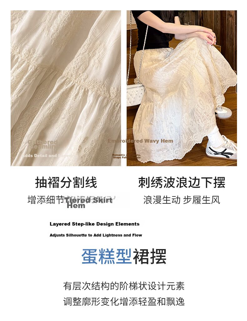 Borui French Lace Jacquard Half Skirt White 2026 New Spring Summer Slim Draped Flared A-Line Long Skirt 9