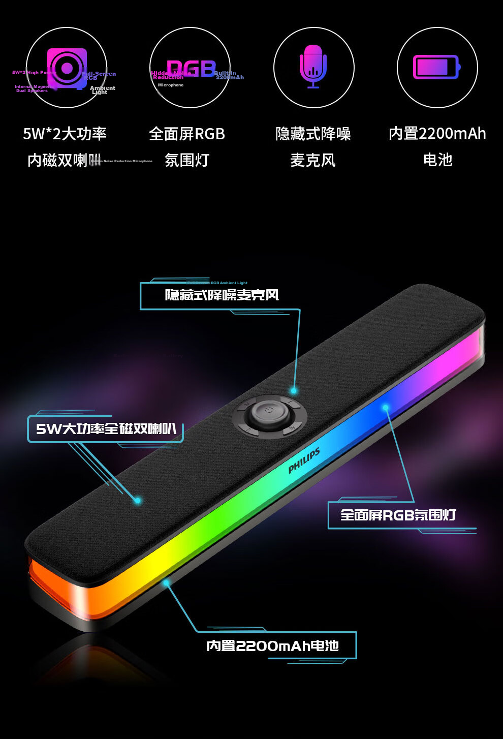 PHILIPS Bluetooth Speaker Computer Audio Home Desktop Subwoofer Multimedia PC Laptop Noise-Cancelling Microphone Delta Dawa Gaming E-sports Gift SPA6109 2