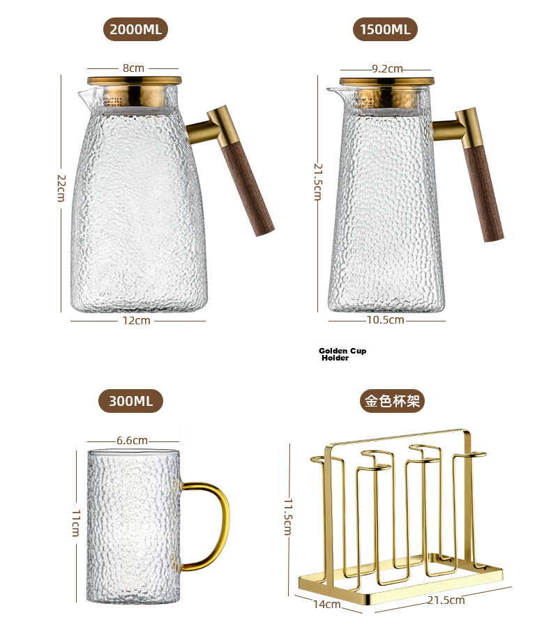 Genas High-Value Hammered Texture Glass Cold Water Pitcher Heat-Resistant Large Capacity Tea Pot for Home Use 11