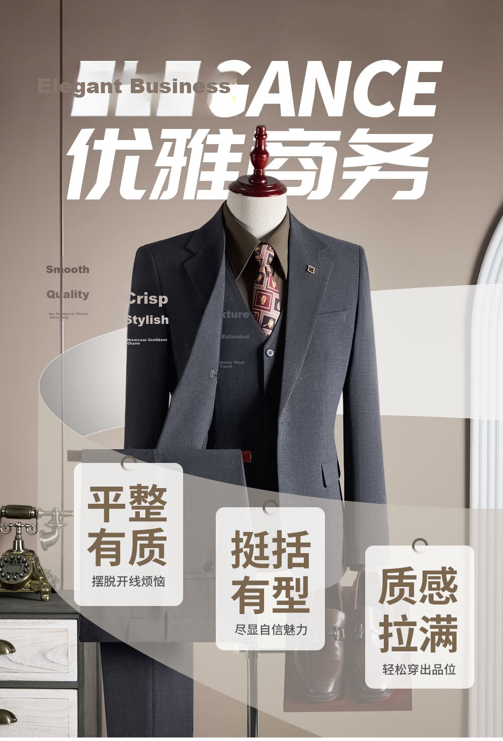 ROMON Men's Business Suit Set Blazer + Vest + Trousers Light Gray XL 2