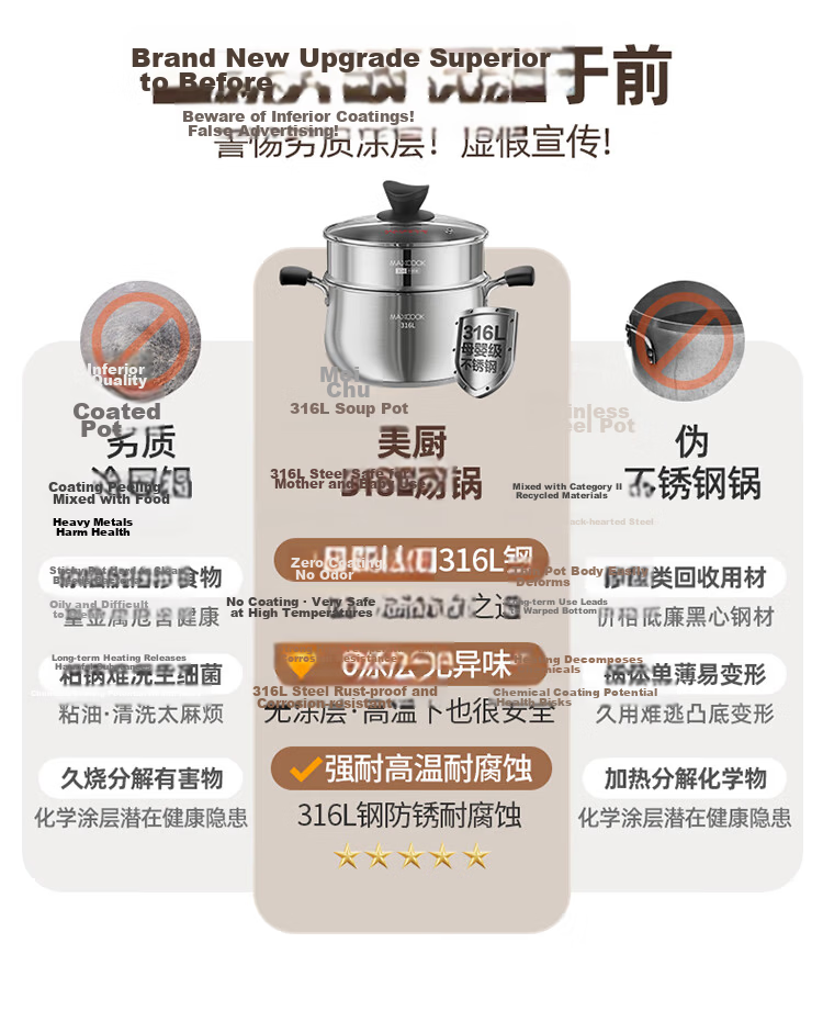 MAXCOOK 22cm 316L Stainless Steel Double-Layer Soup Pot Steamer MCT0722 5