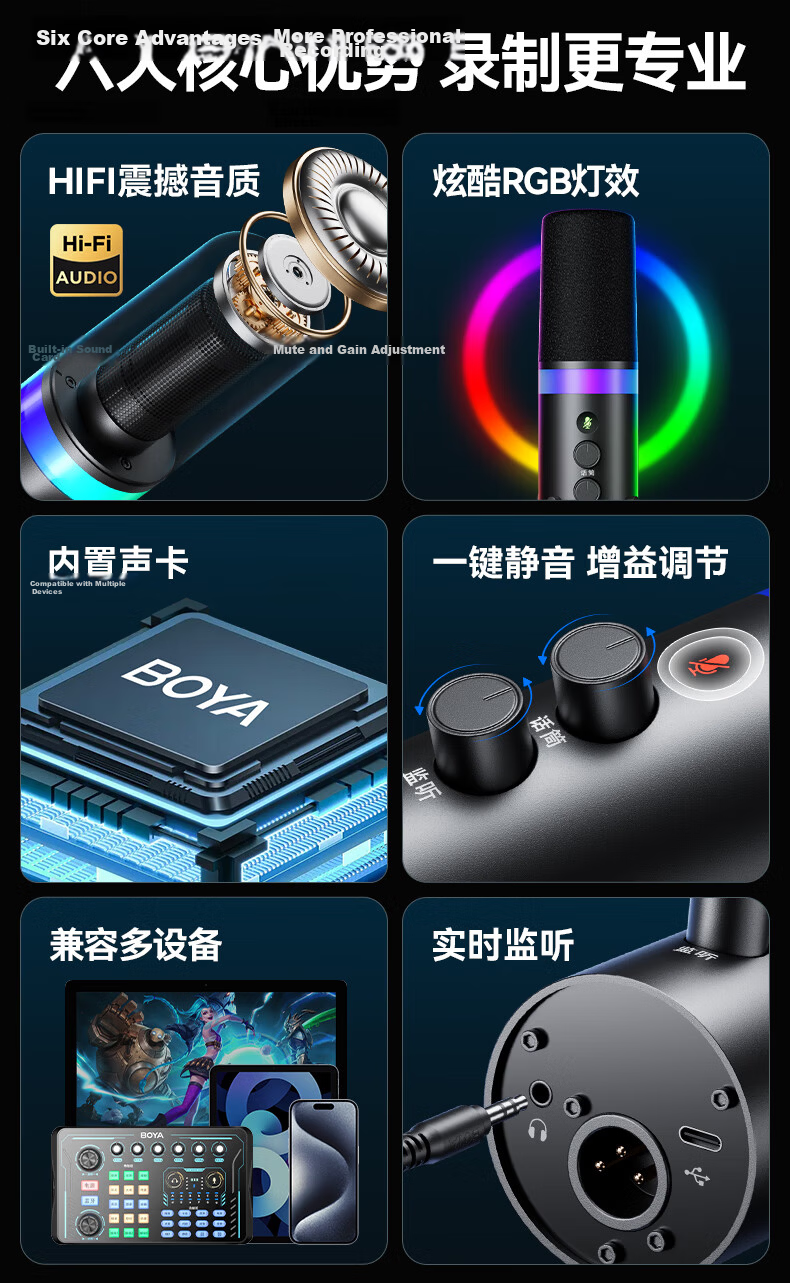 BOYA K7 Dynamic Microphone Professional Live Streaming Microphone Computer Microphone Mobile K-Singing Host Recording Dubbing Gaming Conference Microphone with Built-in Sound Card Desktop Recording Mi 5