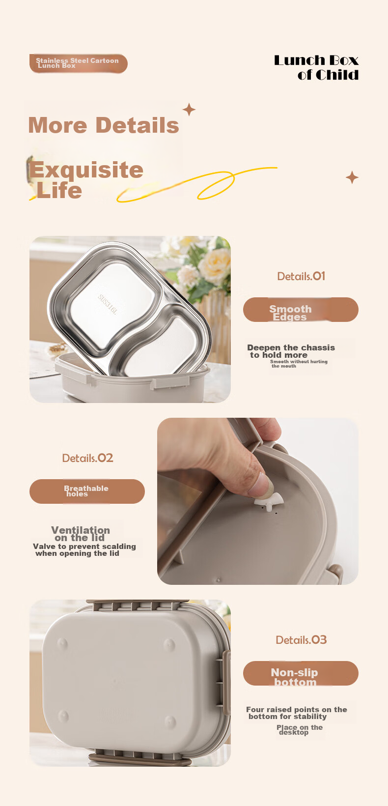 Guangyi 316 Stainless Steel Lunch Box for Elementary School Students And Office Workers, Children's Meal Box with 2 Compartments And Utensils GY7417 12