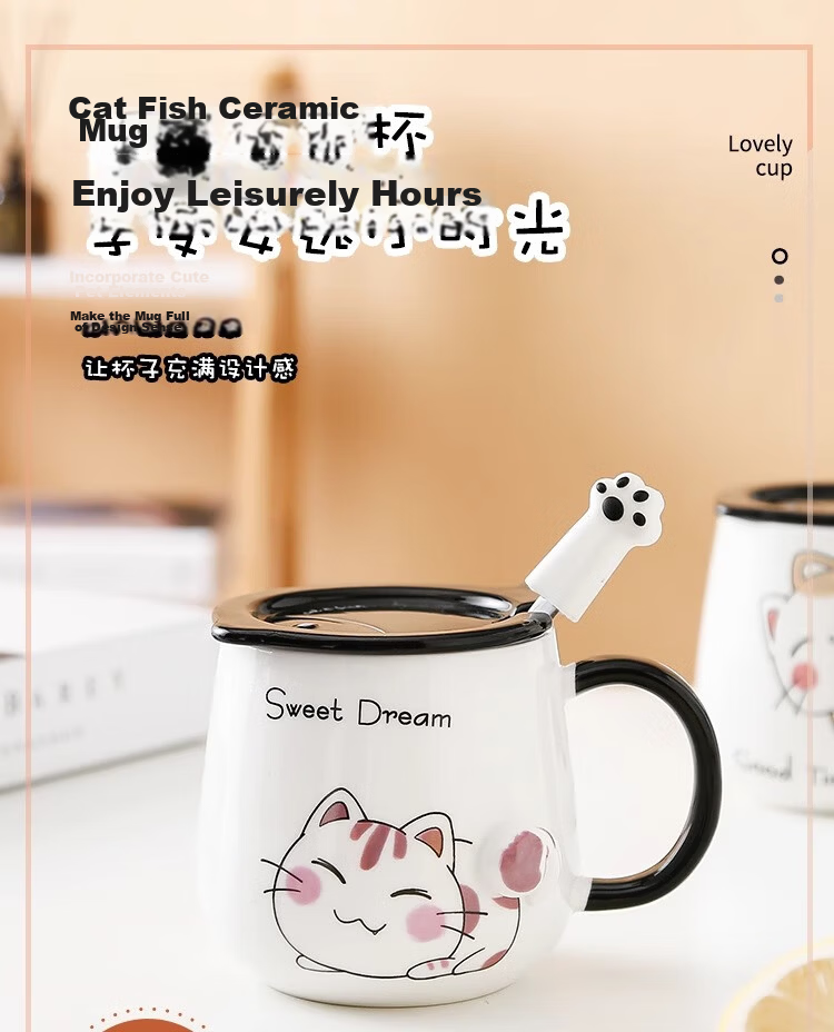 PINYU Mug, Coffee Cup, Ceramic Cup, Aesthetically Pleasing Water Cup, Mid-Autumn Festival Gift with Lid And Spoon, Brewing Cup, Pink Cat Desig 1