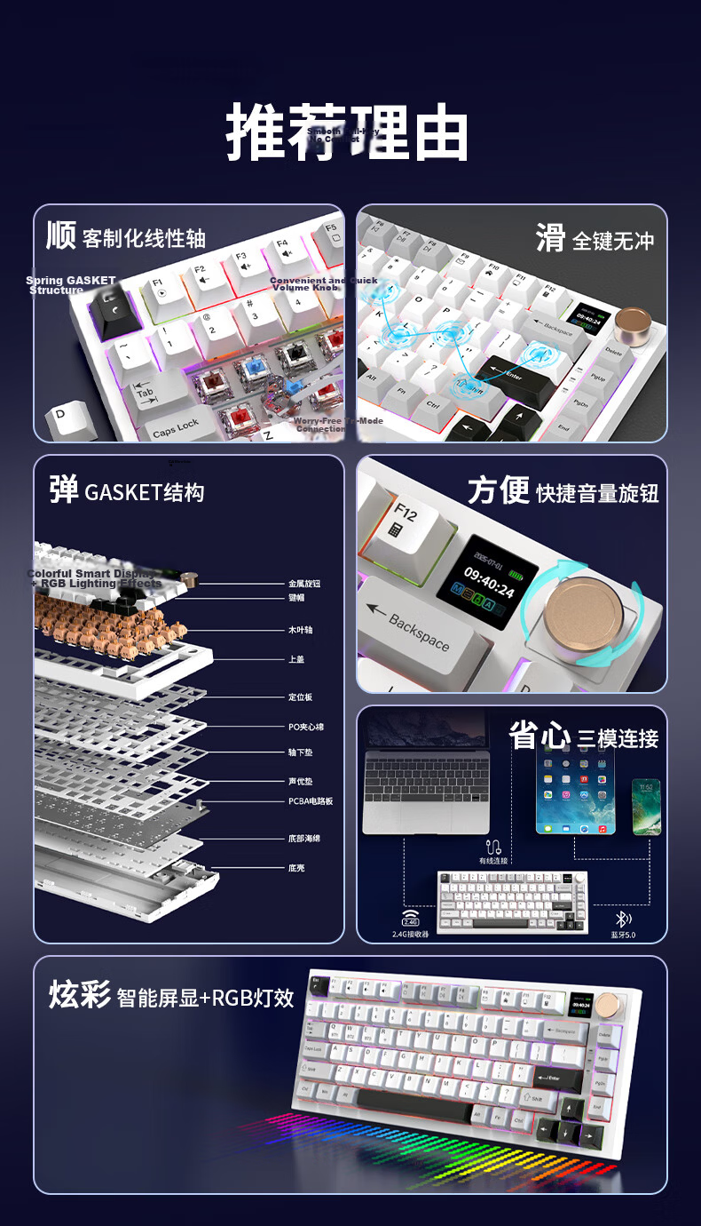 Lenovo Invests in Brand Yinengzhe Custom Mechanical Keyboard, Bluetooth Wireless, Gasket Structure, Screen Display Knob, Suitable for Xiaoxin/Rescuer, Linear Feel, Jizhou MK82 2