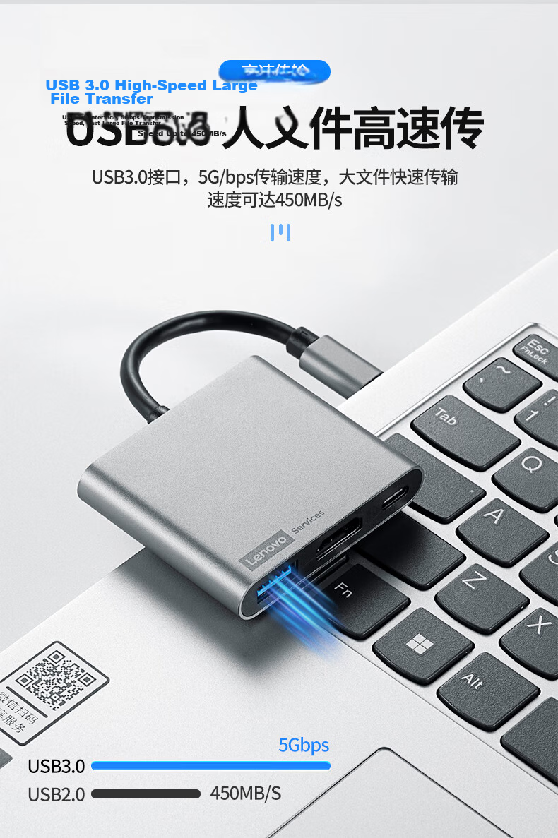 Lenovo Type-C Expansion Dock, USB Hub Splitter, HDMI 4K 60Hz Adapter, PD 100W Laptop Docking Station BY06-H2 (Metal) 8
