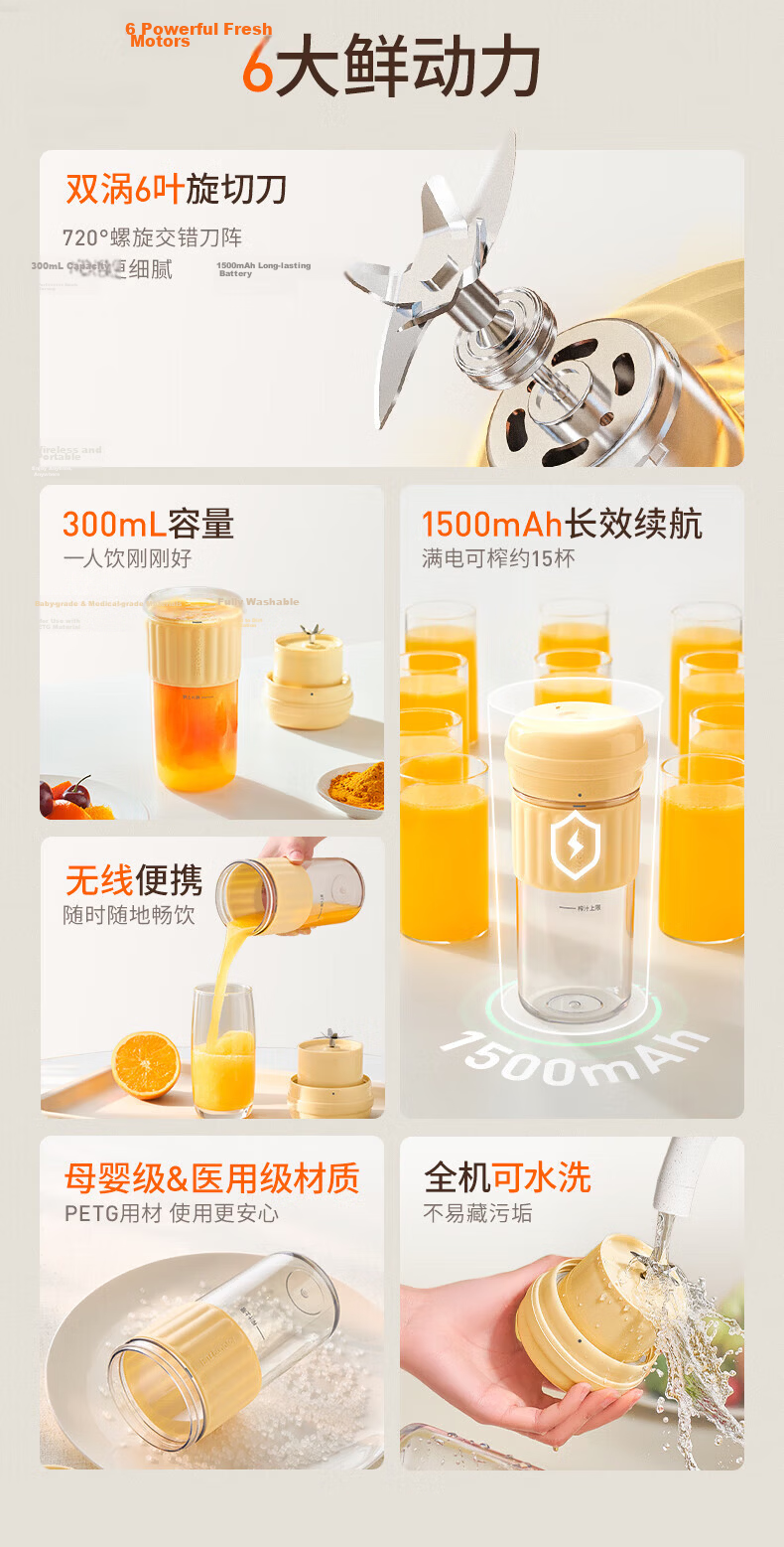Joyoung Heavy-Duty New Juicer Lightweight Fruit Juice Cup Vegetable Juice Smoothie Blender Small Wireless Portable Juicer 1L PL1567 1