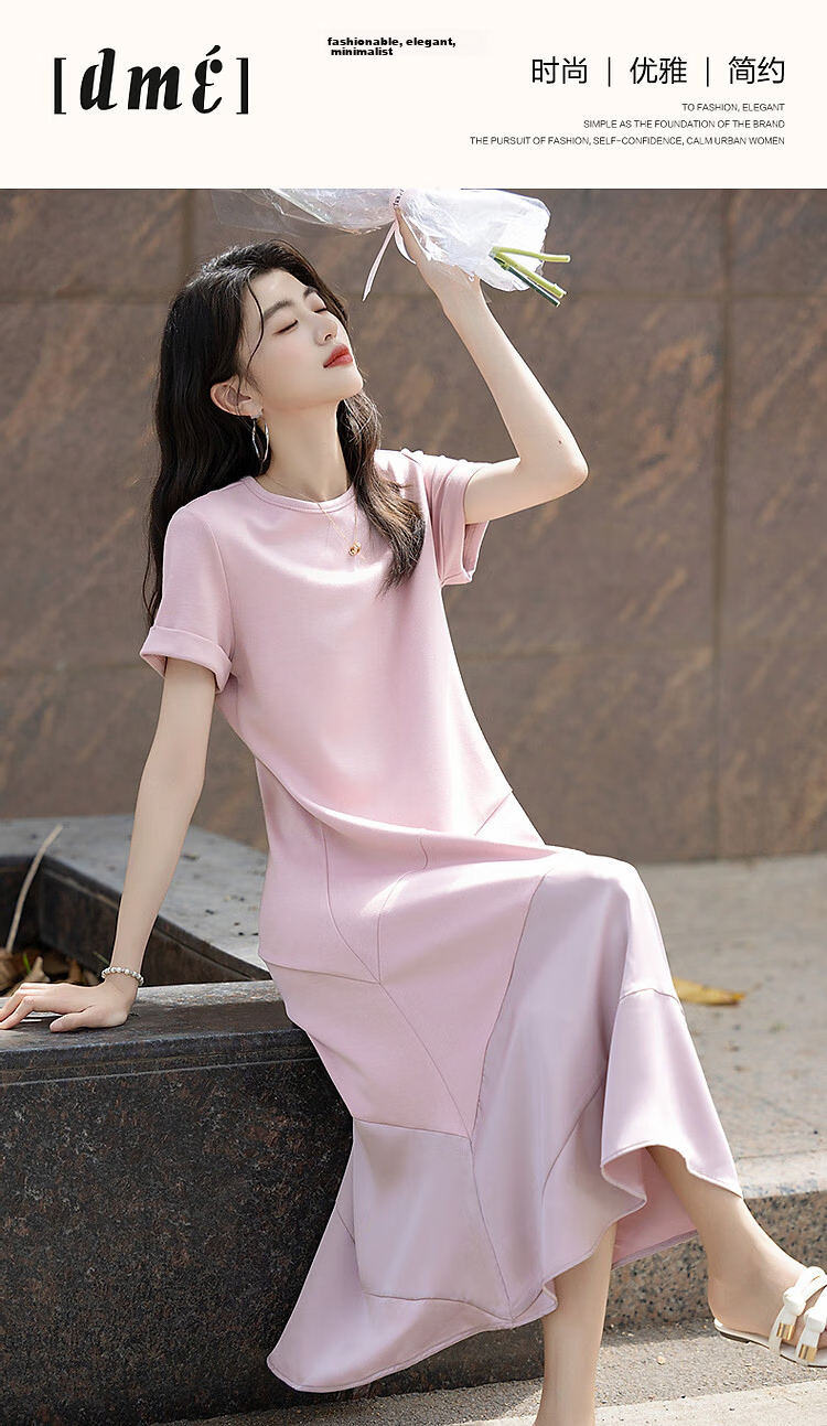 Demana Romantic Summer French Style Round Neck Smooth Satin Spliced Short Sleeve Loose Waist Long Women's Dress 1