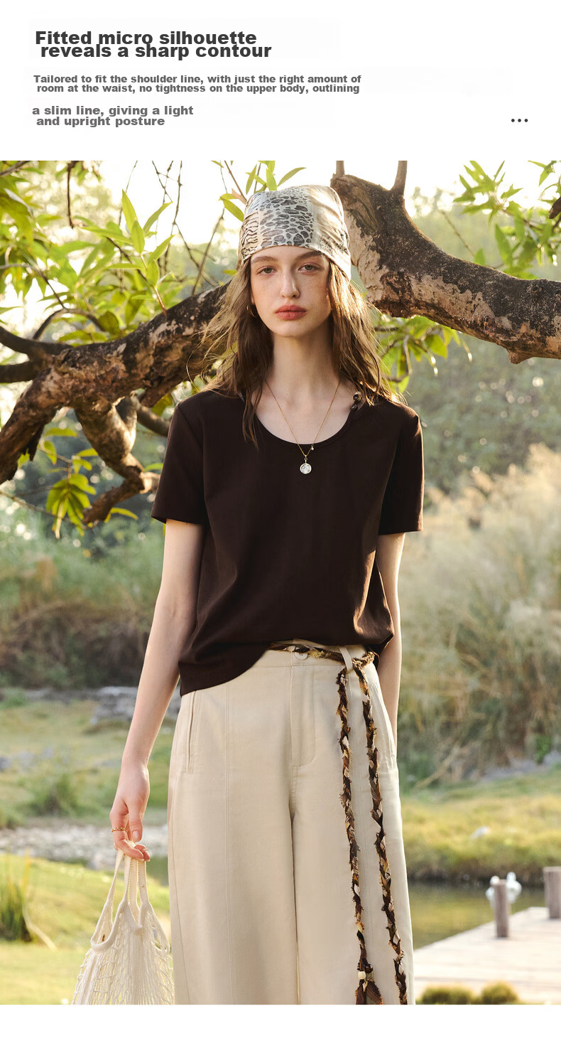 Olrain Oureier Round Neck Beaded Fitted Short Sleeve T-Shirt Women's Summer New Casual Trendy Top Beige L 8