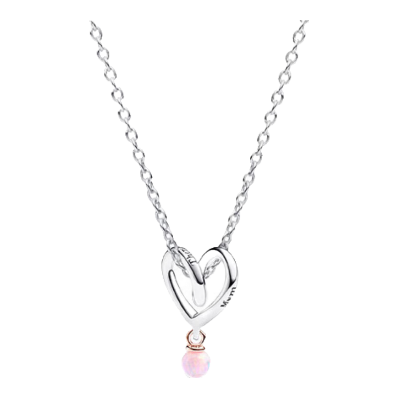 PANDORA True Love Heart Necklace Set Pink Synthetic Opal Simple Mother's Love Thanksgiving Gift for Girlfriend Birthday