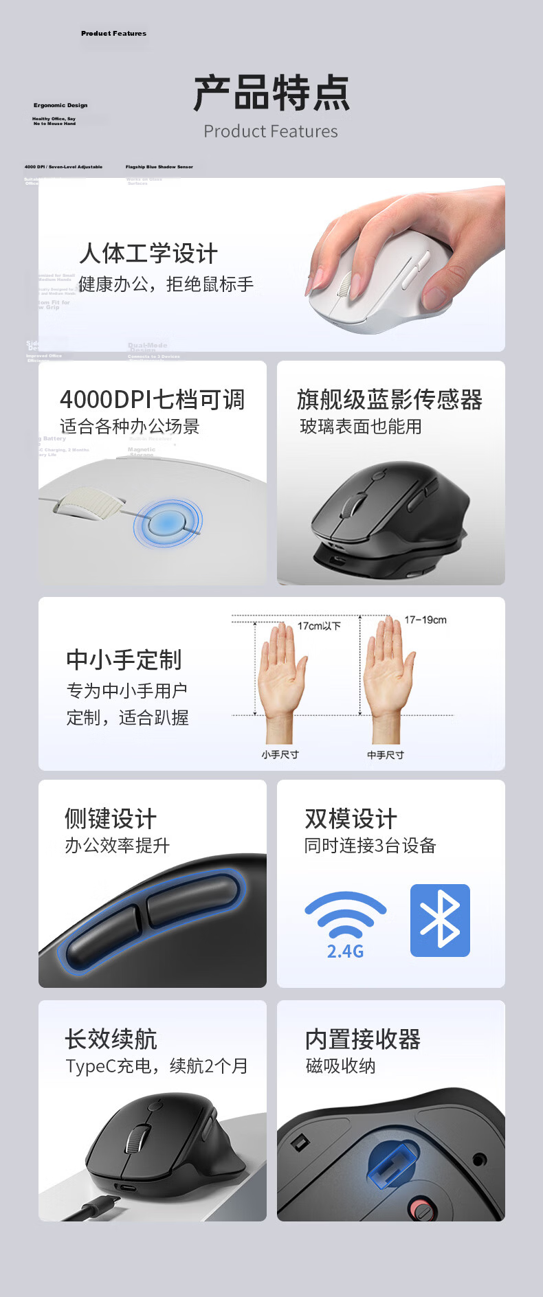 HP Engineer Ergonomic Mouse for Small And Medium Hands, Women's Mouse, Milk Tea Color, Wireless Bluetooth Dual-Mode Office, 4000DPI Blue Shadow Sensor PAW3220 3