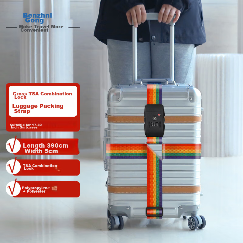 Banjeni Cross Strap Luggage Belt with TSA Combination Lock Rainbow Color Travel Security Strap for Suitcase