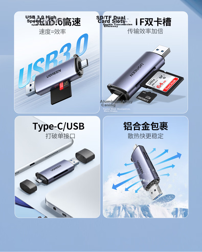 UGREEN USB/Type-C 3.0 High-Speed Card Reader SD/TF Dual Card Compatible with PC, Tablet, Phone, DJI Pocket 4/3 Drone, Apple 17/16, Sports Camera 2