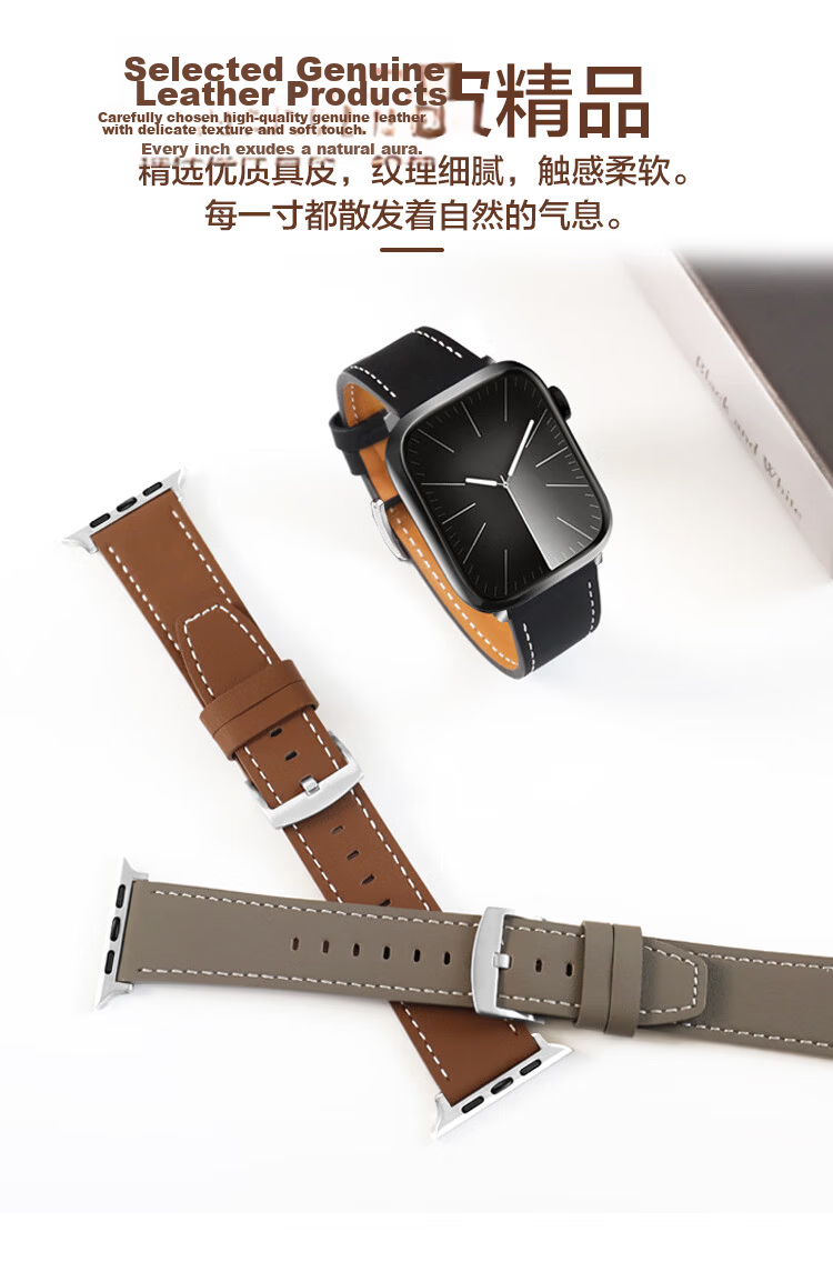 MSSM Compatible Apple Watch Band, Hermes Style IWatch S12 Cowhide Genuine Leather Strap for Ultra4/S11/10/9/Se3, Black, 44-49mm 3