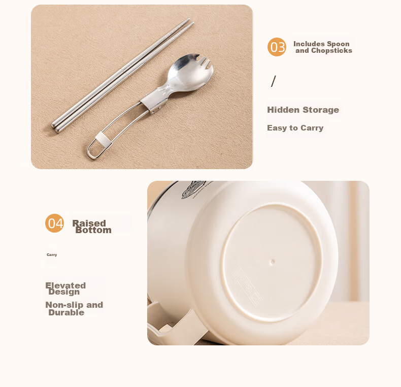 Guangyi 304 Stainless Steel Instant Noodle Bowl with Lid Large Capacity White Lunch Box with Chopsticks and Spoon GY7323 for Students and Office Workers 18
