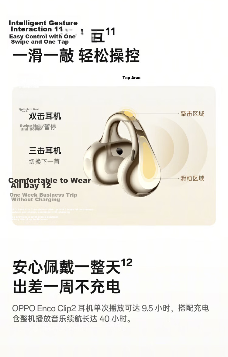 OPPO Enco Clip2 Open-Ear Headphones Clip-On Earphones Wireless Bluetooth Earbuds Sun Yat-Sen Style Comfortable Fit Compatible with Apple Huawei Xiaomi Phones Deep Space Gray 17
