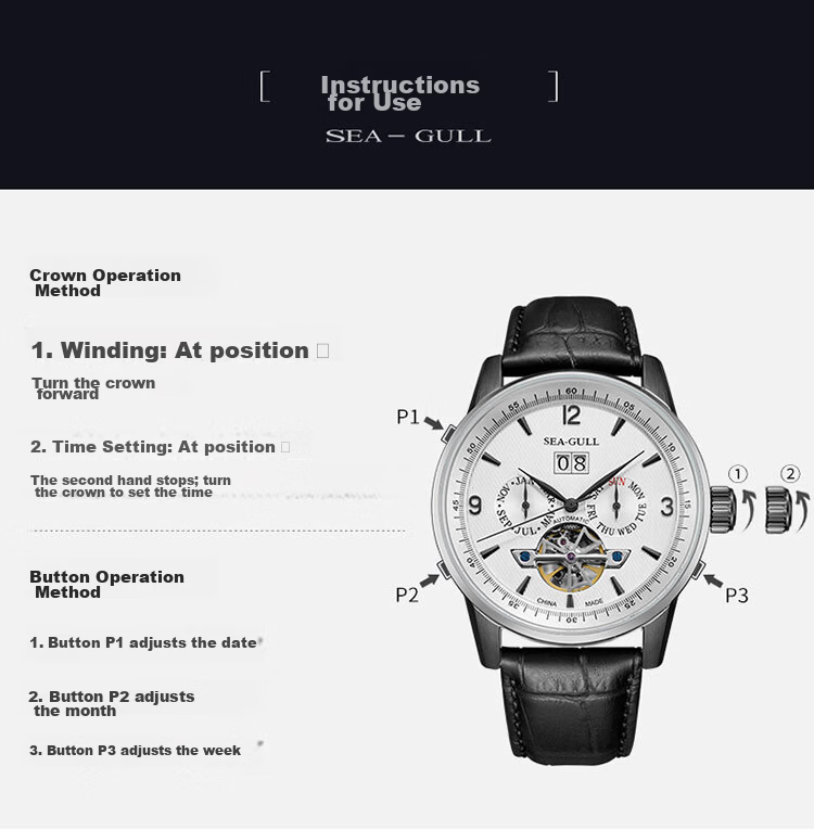 SEAGULL Men's Automatic Mechanical Watch Calendar Week Month Skeleton Tourbillon Men's Watch Birthday Gift 1328 White 19