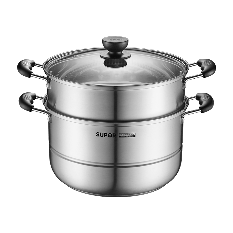 SUPOR Easy Storage 304 Stainless Steel Double-Layer Bottom 30cm Steamer Pot Soup Pot Steaming Basket for 3-4 People SZ30B1