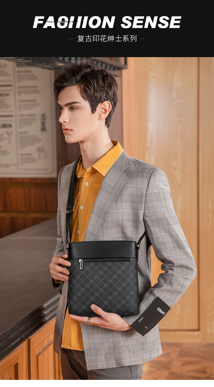 GOLF Men's Large Capacity Vintage Print Single Shoulder Crossbody Bag Vertical Style iPad Compatible Business Casual Small Square Bag Black Gift for Boyfriend and Father 1