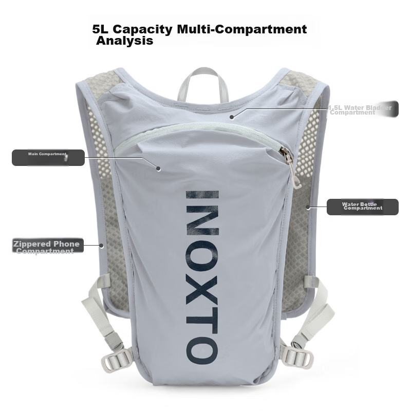 INOXTO Trail Running Backpack Lightweight Breathable Quick-Dry 5L Running Pack Outdoor Hydration Pack 591 Gray with Dark Blue