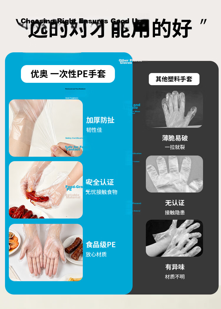 Youao Disposable Gloves 500pcs Box Food Grade Thickened Leak-Proof Transparent PE Kitchen Sanitary Lobster Gloves 4