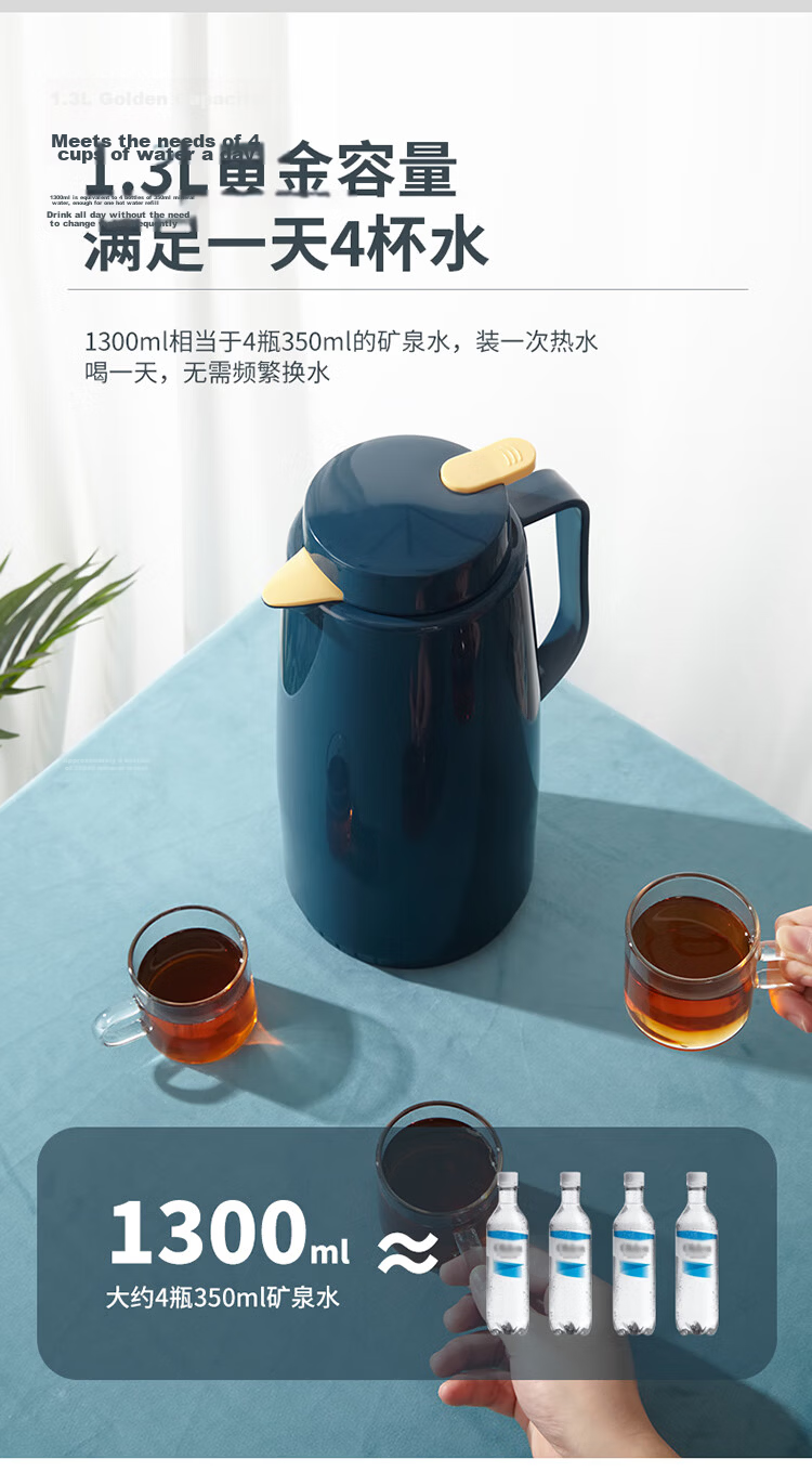 MAXCOOK Thermos Flask, Hot Water Bottle, Household Warm Pot, Dormitory Glass Inner Vacuum Water Bottle, 1.3L, Nordic Blue, MCH7087 11