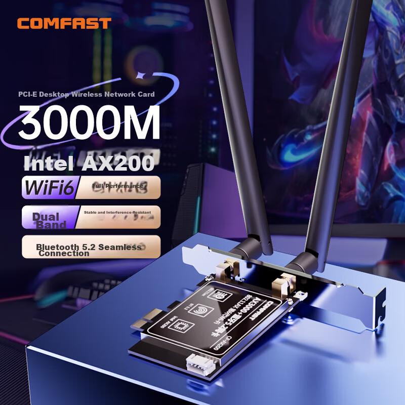 COMFAST AX200 Intel Gaming 3000M Dual-Band 5G Desktop Built-in PCI-E WiFi 6 + Bluetooth 5.2 Wireless Network Card Receiver