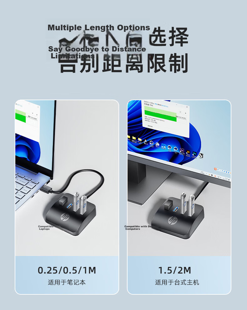 HP USB Extender 1 Meter, Laptop USB Expansion 3.0 Multi-Port Extension Cable Hub, Computer Adapter Splitter Connector, Independent Power Supply 13