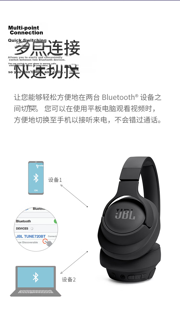 JBL TUNE 720BT Over-Ear Bluetooth Headphones Wireless Headset for Phone, Computer, Gaming, Music, Long Battery Life, Men's Birthday Gift, Deep Space Black 12