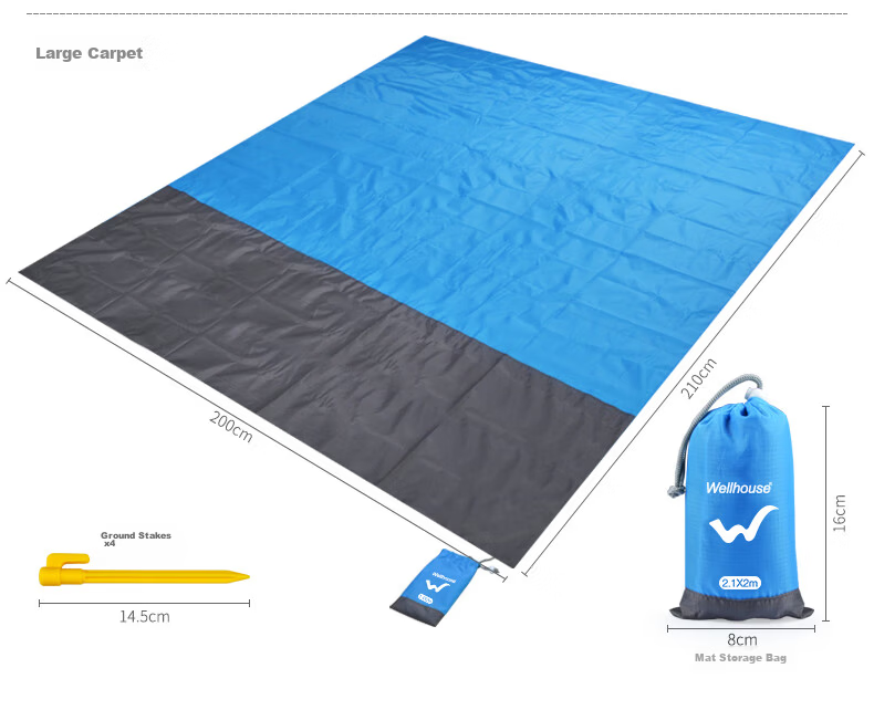 WELLHOUSE Beach Grass Outdoor Picnic Mat, Foldable Storage Bag with Ground Stakes, Moisture-Proof Mat, Orange-Gray Color, 2.1*2m, Floor Sleeping Mat 4
