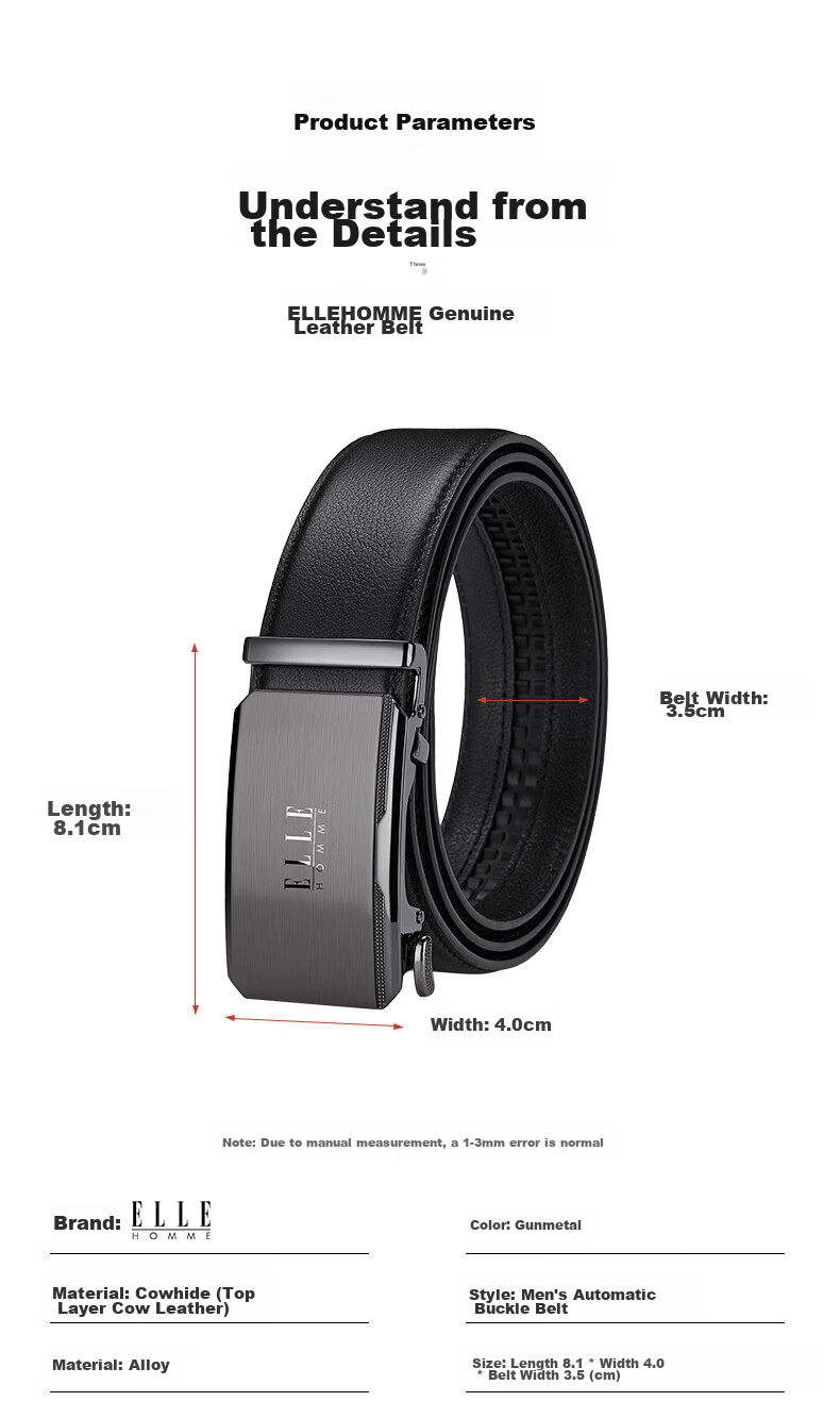 ELLE HOMME French Brand Men's Genuine Leather Automatic Buckle Belt Inner Wear Waistband Gift Box Birthday Present for Boyfriend Husband 16
