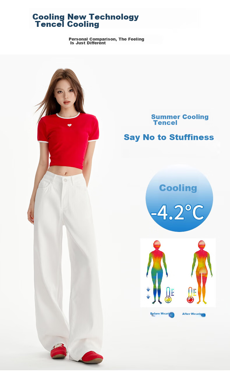 Jeanswest Women's Summer Thin Tencel Wide-Leg High-Waist Draped Ice Silk Straight-Leg Floor-Length White Tencel Pants 2XL 3