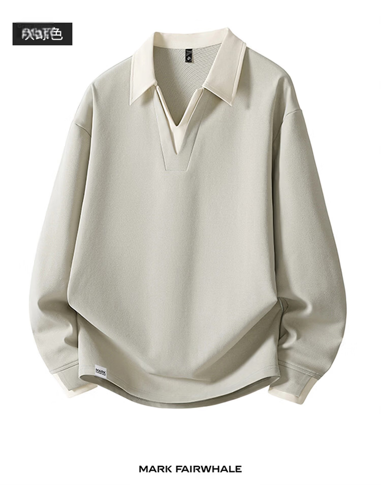 MARK FAIRWHALE Men's Sweatshirt Spring and Autumn Fake Two-Piece Loose Long Sleeve T-Shirt Polo Shirt Jacket Apricot 3XL 13