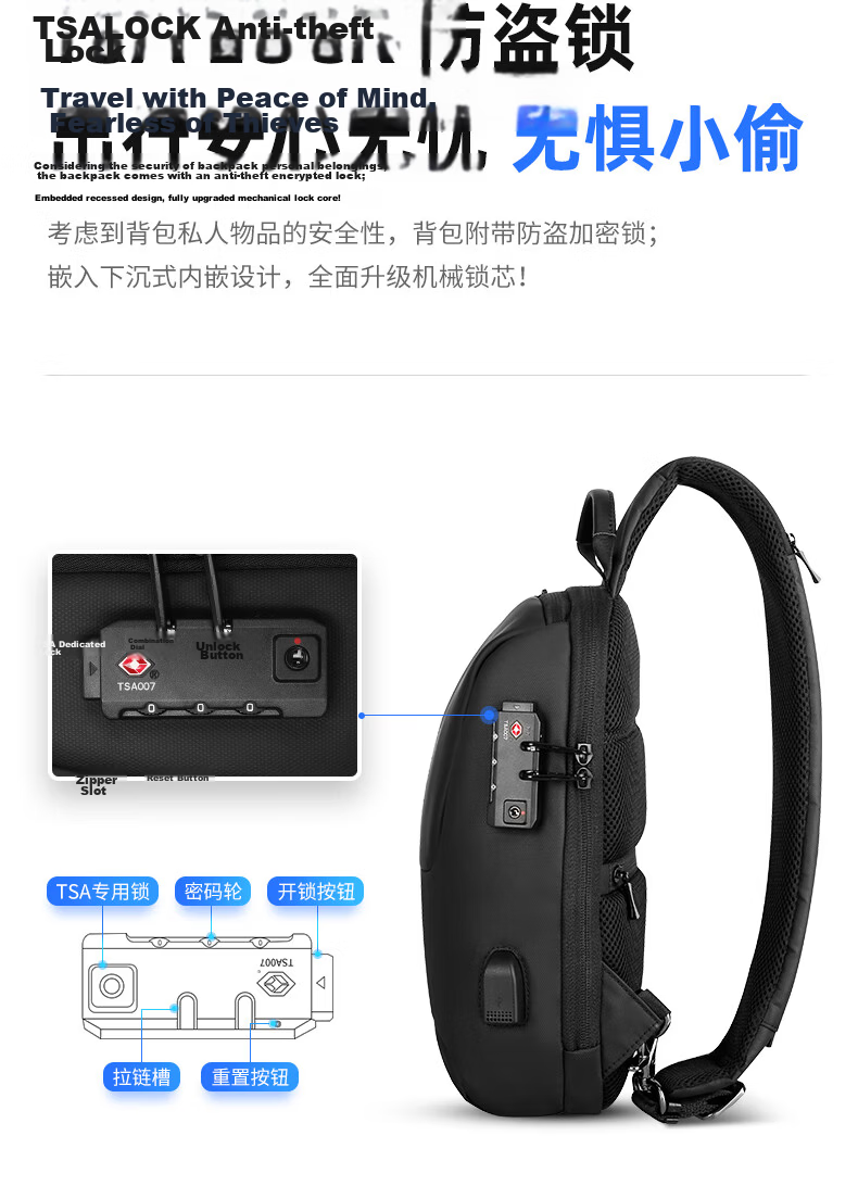 MARK RYDEN Men's Shoulder Bag Large Capacity Chest Bag Crossbody Bag with Combination Lock Anti-Theft Sports Small Backpack MR7039 Classic Black 6