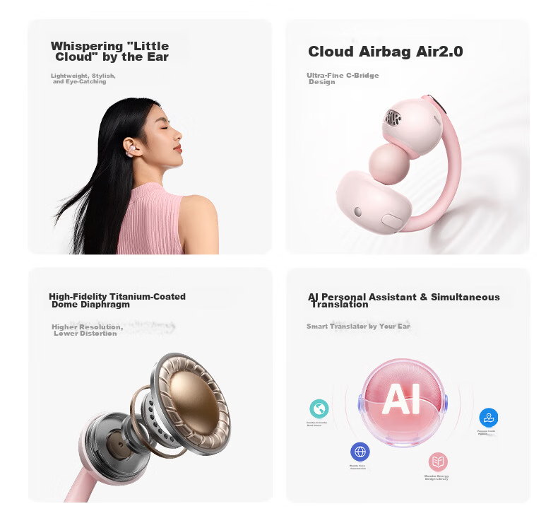 BASEUS MC2 Air AI Translation Bluetooth Earbuds Clip-On Open-Ear Sports Noise-Cancelling Headset for Huawei Apple Phones Cloud Mist Pink 11