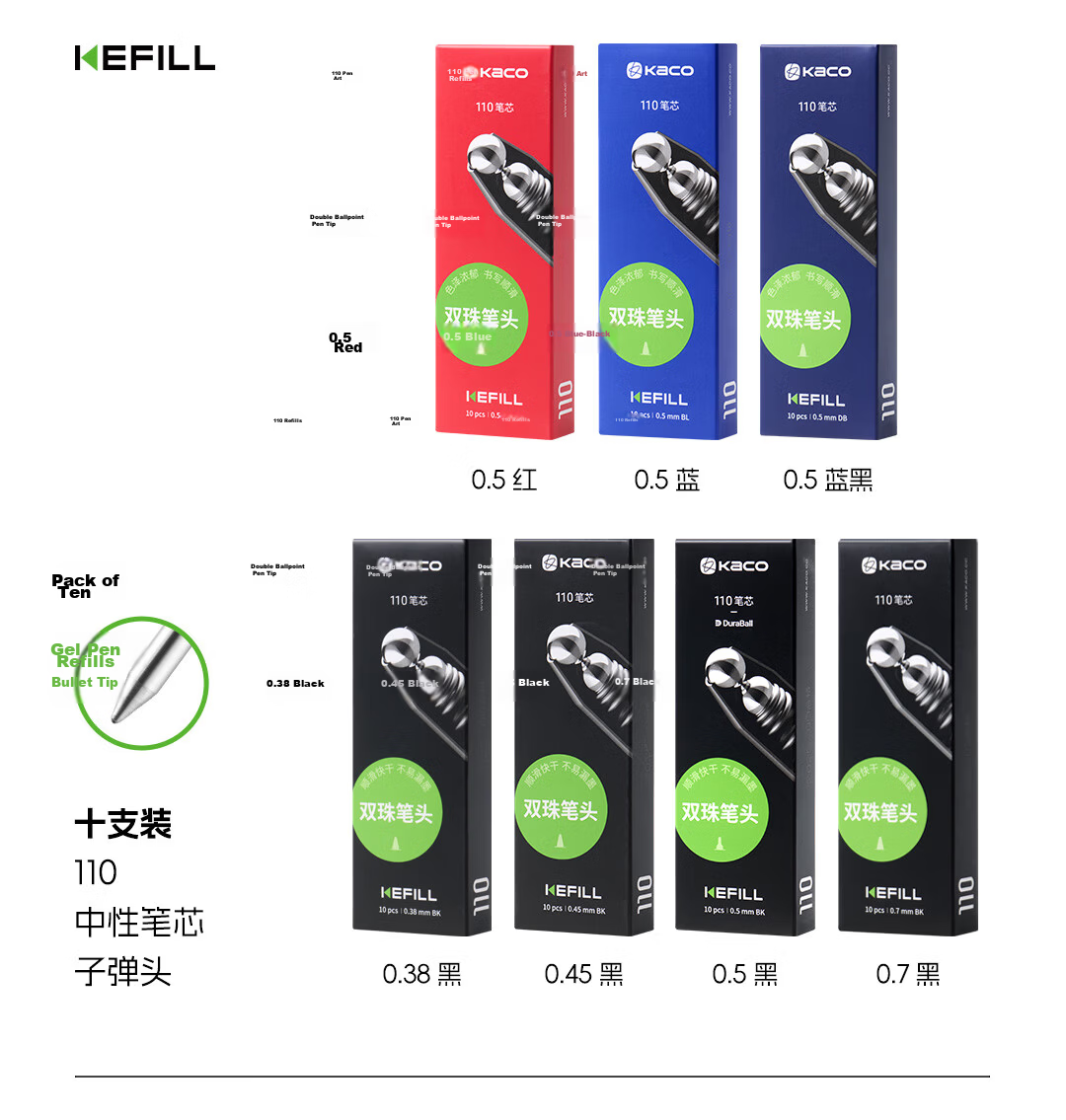 KACO Large Capacity Neutral Pen Refills, 0.5mm, Blue-Black (Bullet Tip), 5 Pieces in OPP Bag 20