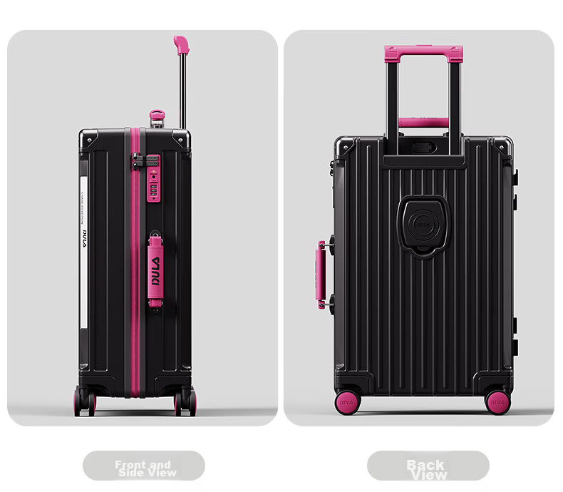 DULA Luggage, Stylish Multifunctional Suitcase with Cup Holder And USB Port, Travel Case with Password Lock, Trendy Black Rose Color, 20 Inches 28