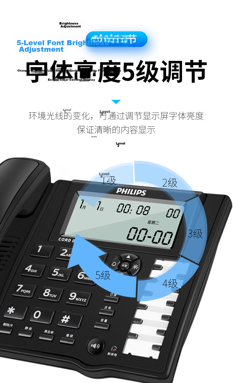 PHILIPS Hotel Front Desk Telephone Desktop Office Black Dual-Port One-Touch Dial Landline Phone CORD028 (Black) 6