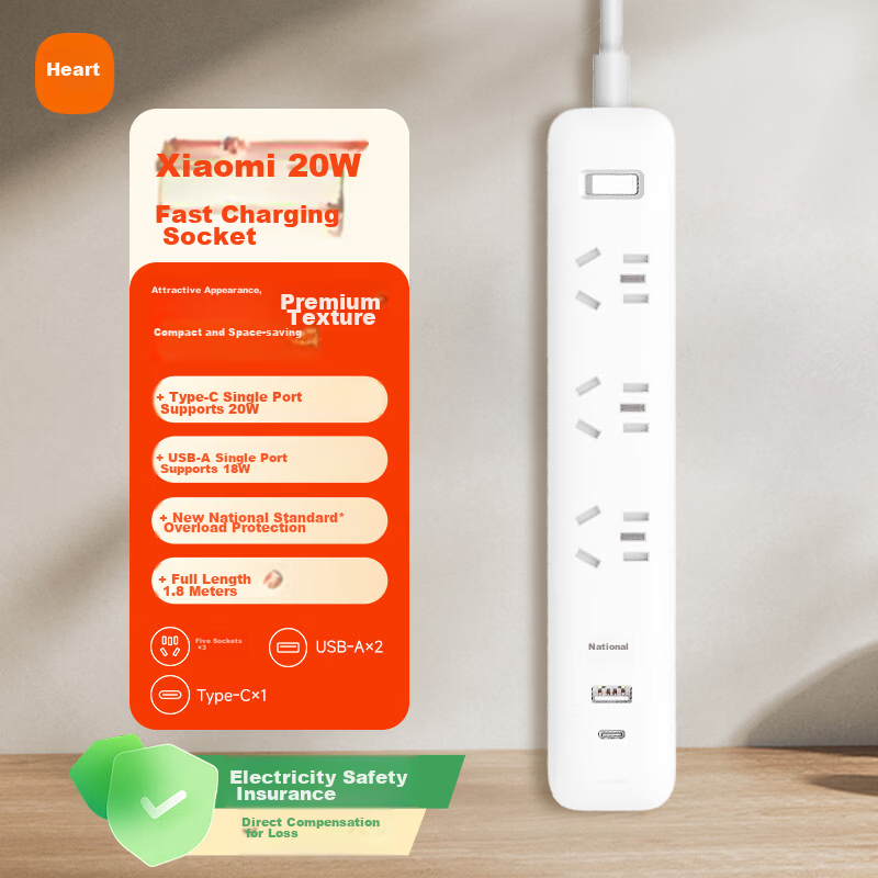 MI Mijia Power Strip 20W Fast Charging Version (2A1C) USB Socket Extension Cord 1.8m for MI Band 7/Watch/Redmi K90
