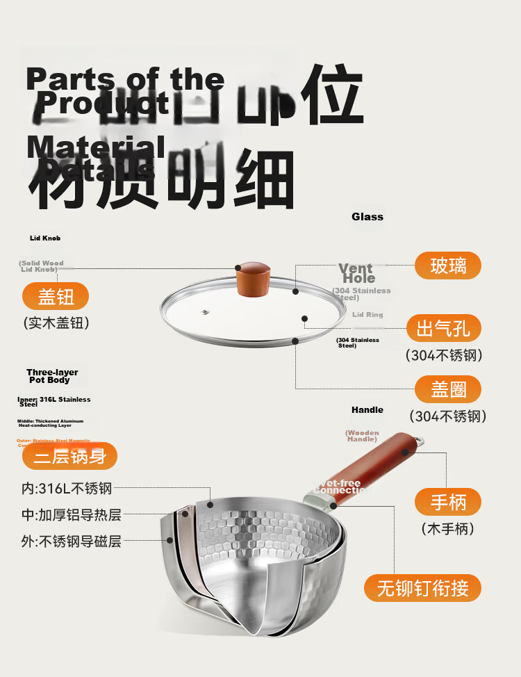 JD Original Stainless Steel Hammered Snow Pan [Thickened 316L with 304 Steamer], Baby Food Pot Milk Pot Set, 18cm 24