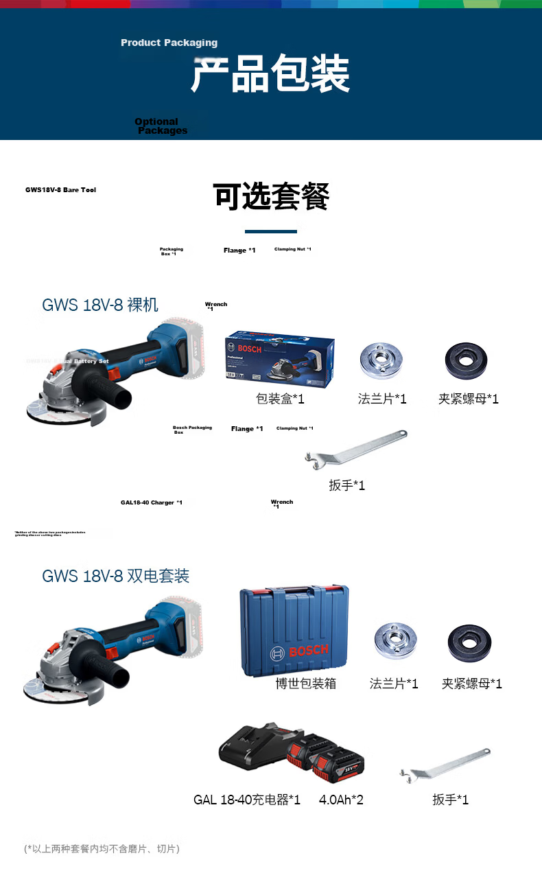 BOSCH Angle Grinder Polishing Grinding Cutting Machine Metal Cutting Grinding Two Batteries One Charger Set 4.0Ah GWS 18V-8 13