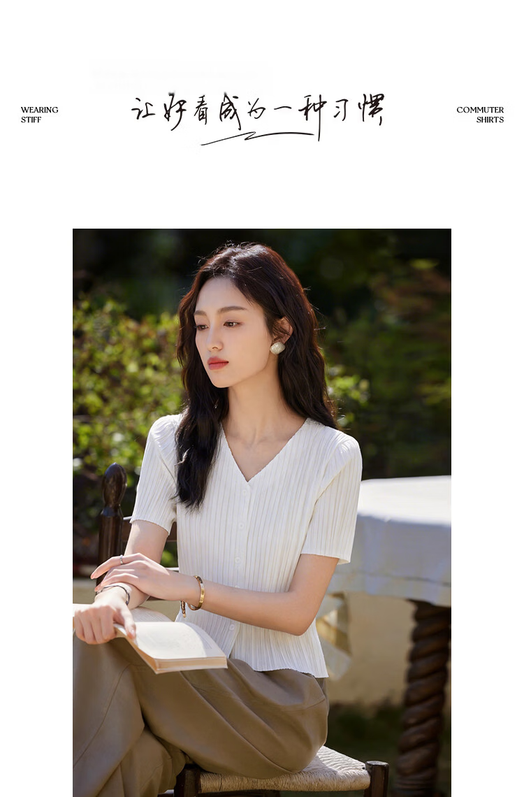Demana Minimalist Urban Summer Commuter Wrinkled V-Neck Slim Fit Short Sleeve Slimming Petite Women's Jacket 10
